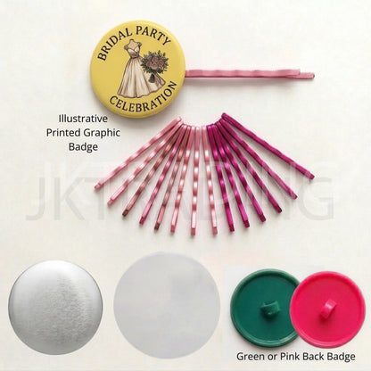Custom button badge hair pin with pink bobby pins, metal shell, mylar film, and green and pink plastic backs.