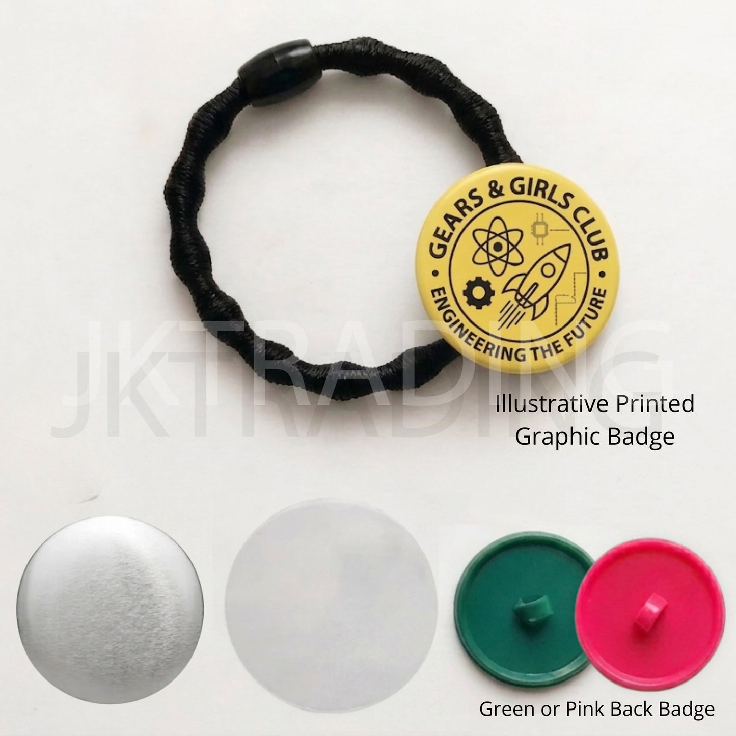 Black hair tie with a yellow badge labeled 'Gears & Girls Club' on a white background