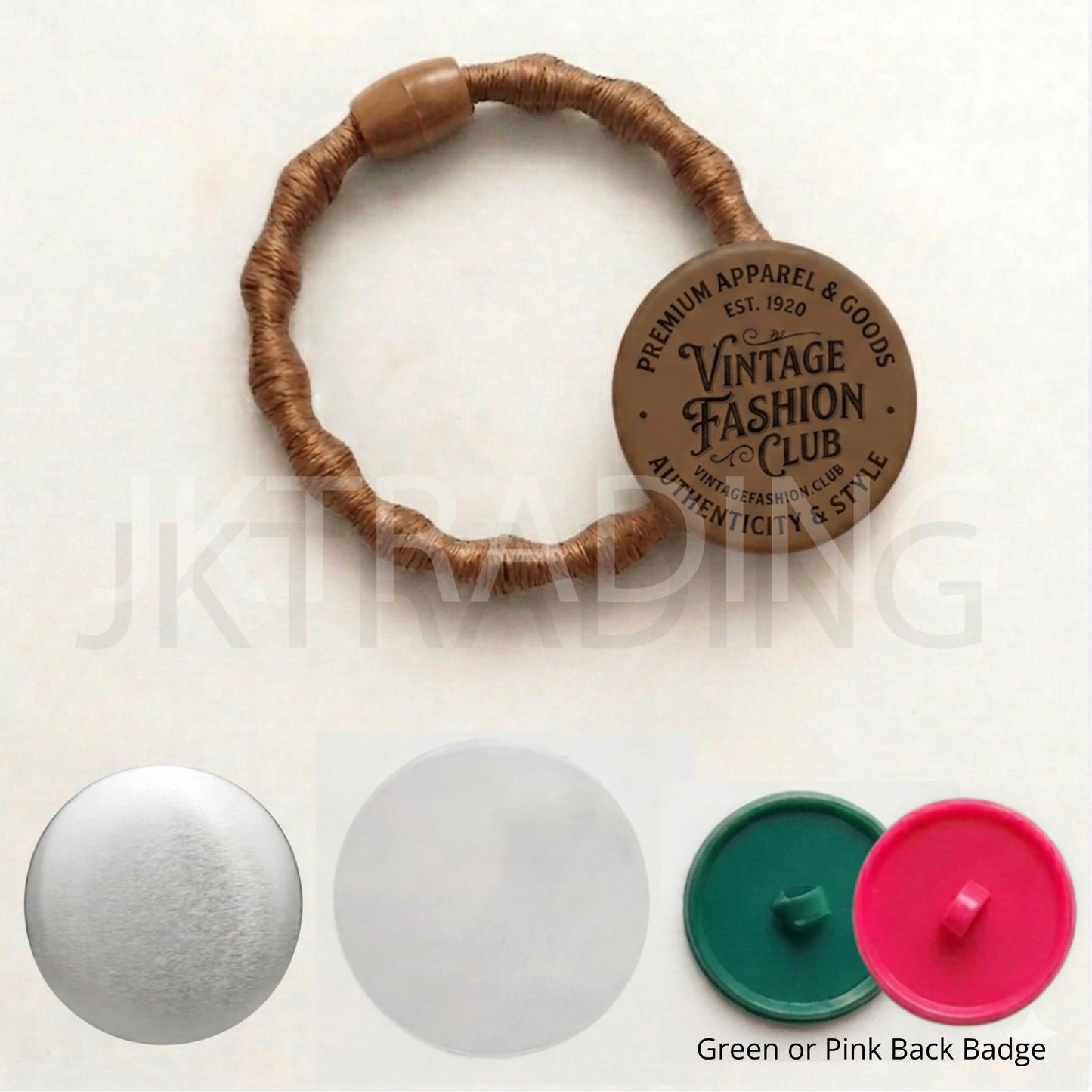 Brown hair tie with a circular wooden badge on a white background, featuring 'Vintage Fashion Club' text.