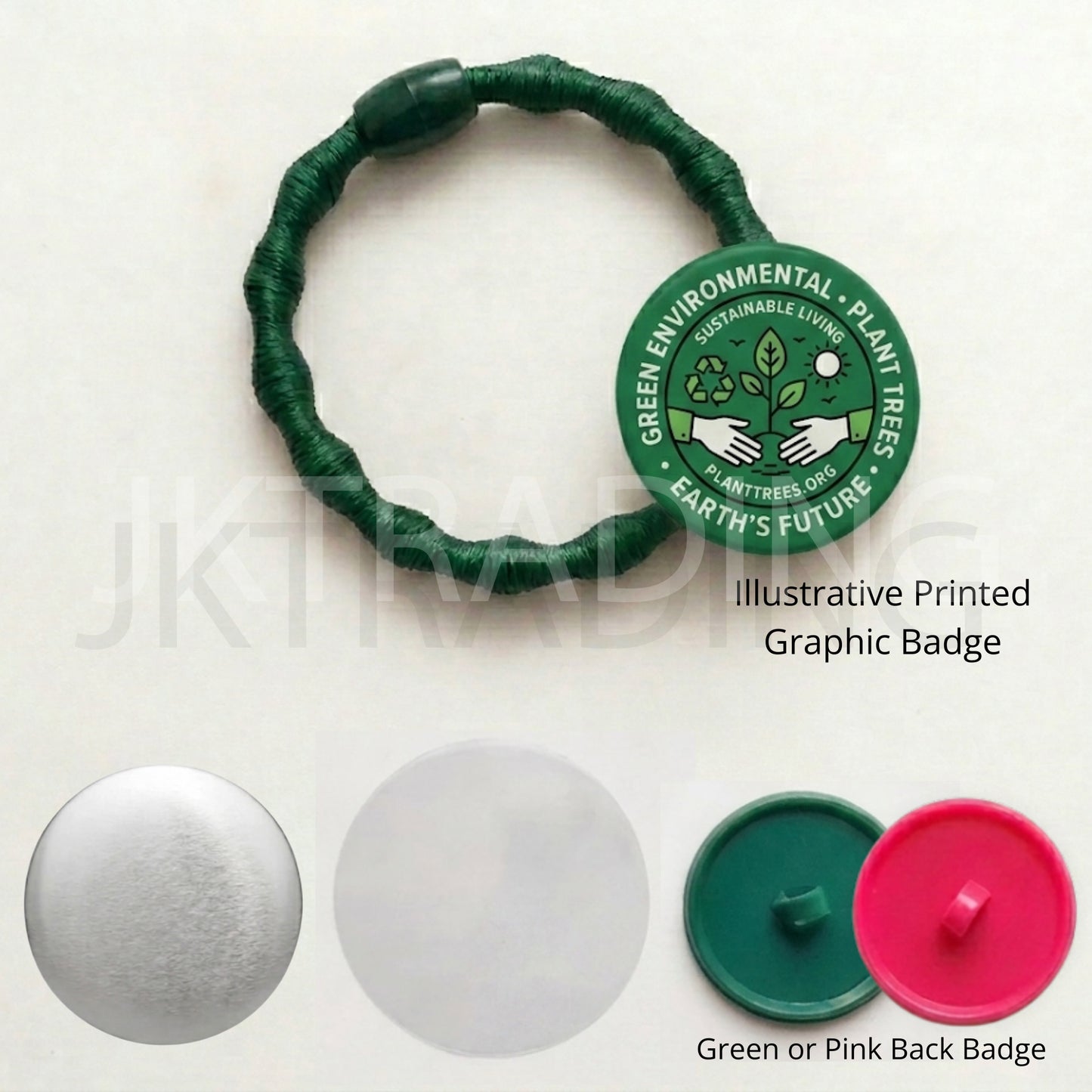 Custom green elastic hair tie with a personalized graphic button badge and assembly components.