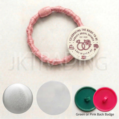 Personalized pink elastic hair tie band with a custom printed button badge and DIY parts.