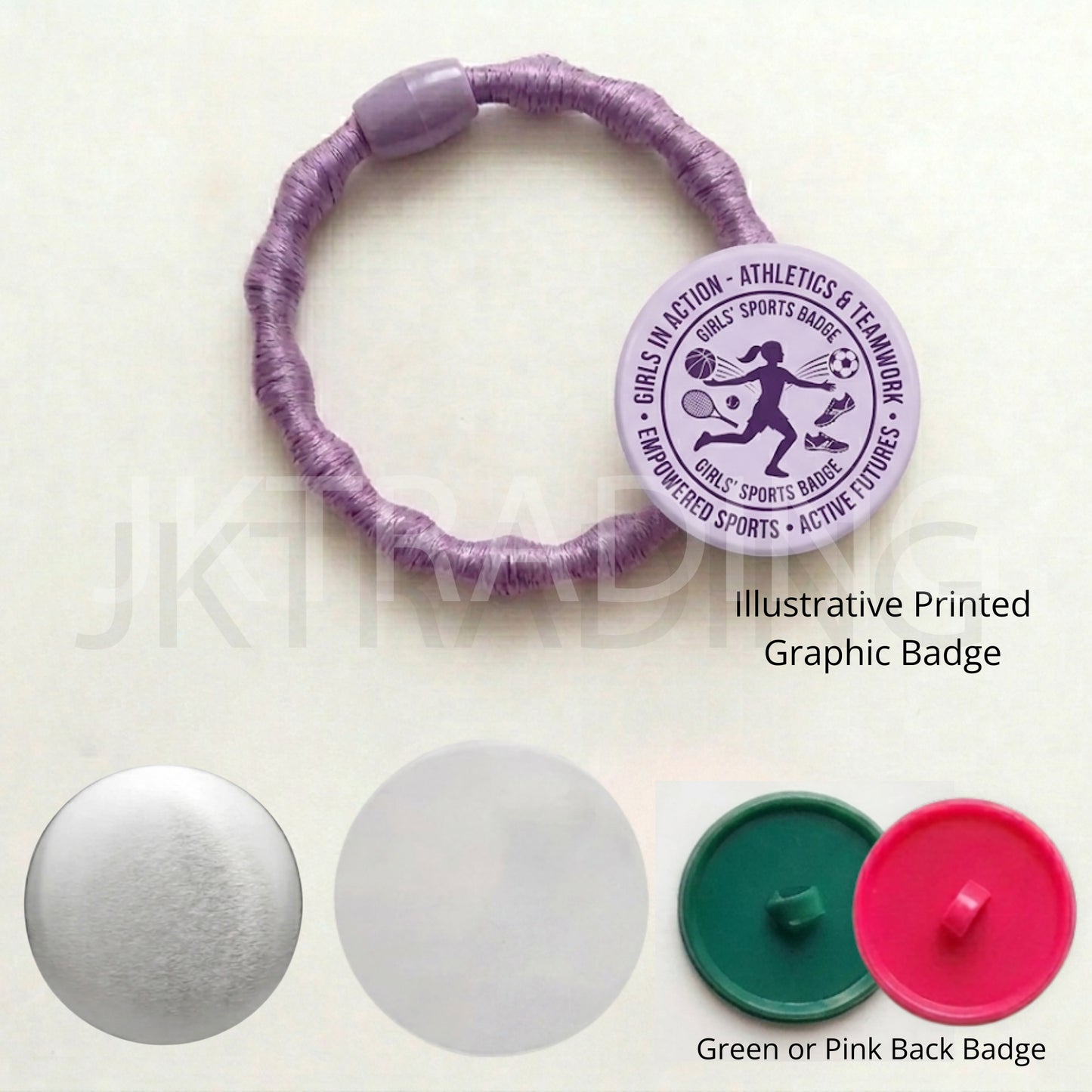 Custom purple elastic hair tie ponytail holder made with a graphic button badge press kit.