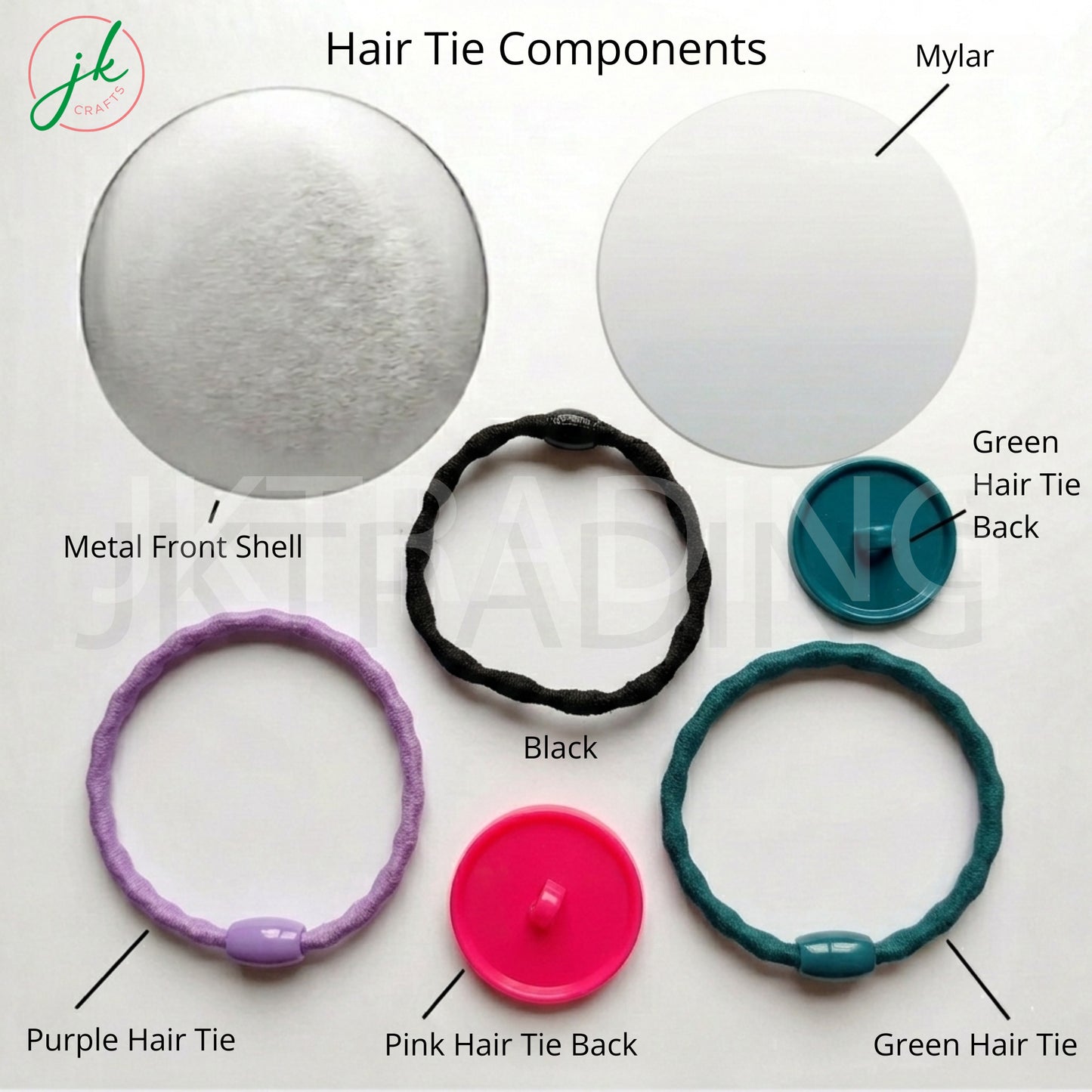Hair tie components labeled with metal front shell, mylar, green hair tie back, black hair tie, purple hair tie, pink hair tie back, and green hair tie.