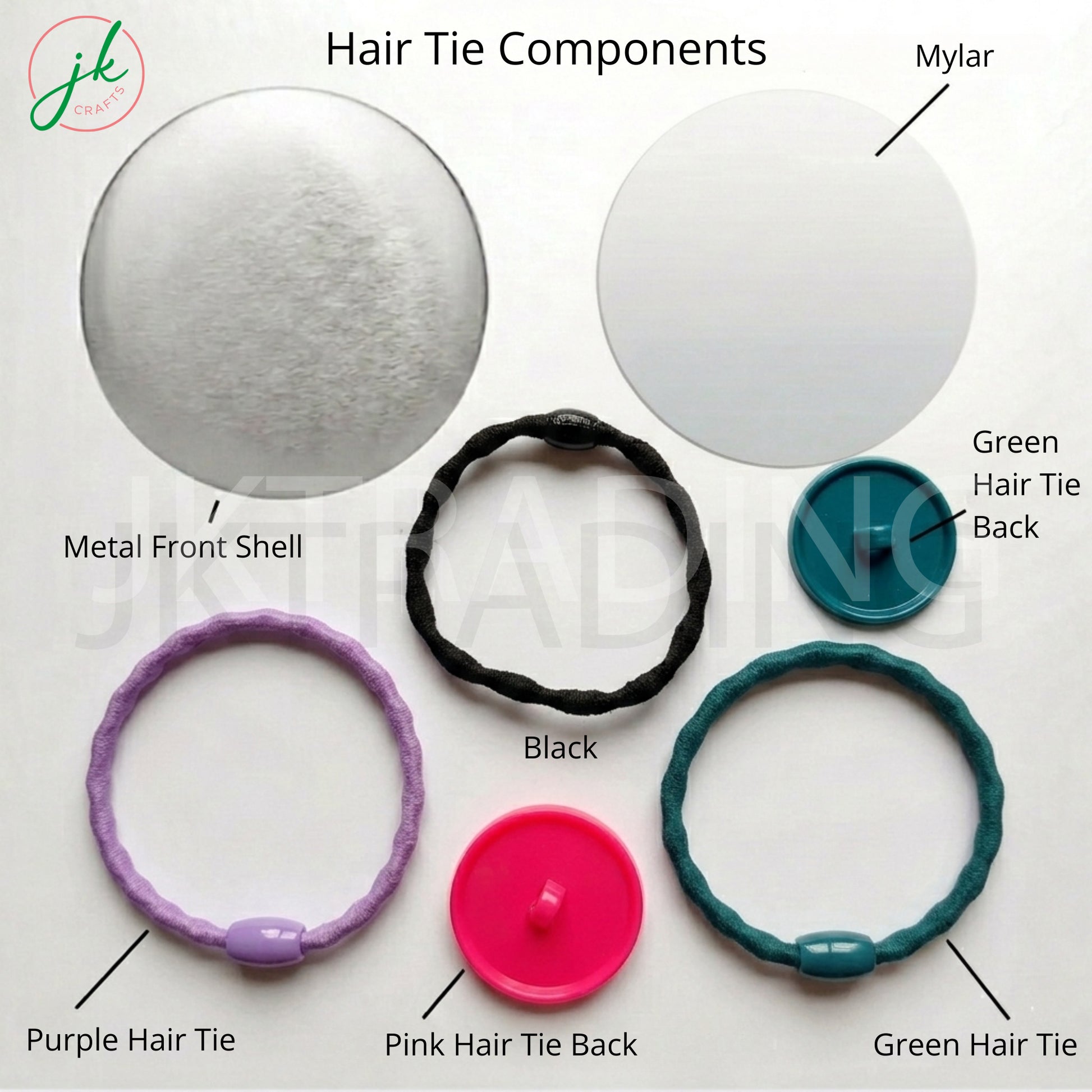 Hair tie components labeled with metal front shell, mylar, green hair tie back, black hair tie, purple hair tie, pink hair tie back, and green hair tie.