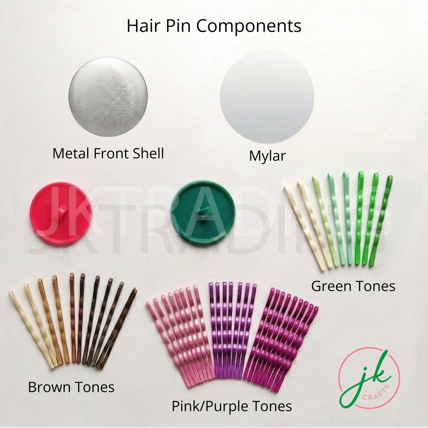 JKCrafts DIY hair pin making components including metal front shells, mylar sheets, plastic backs, and colorful bobby pins.