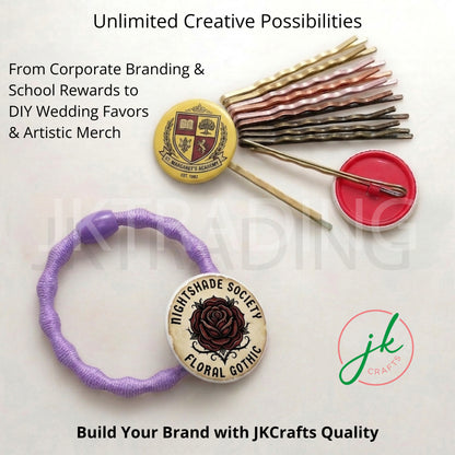 Hair accessories with branded buttons and promotional text for JK Crafts on a white background