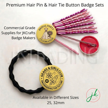 Hair pin, hair tie, and button badge sets with branding on a white background