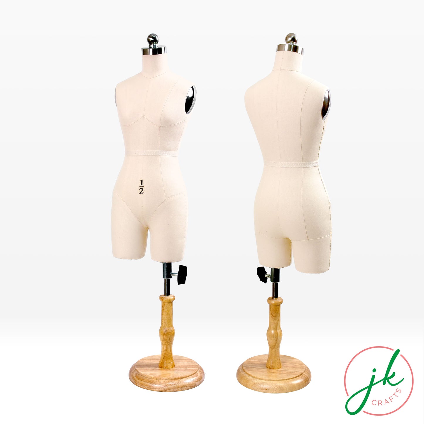 Front and three-quarter view comparison of two half scale female trousers dress forms on wooden bases.
