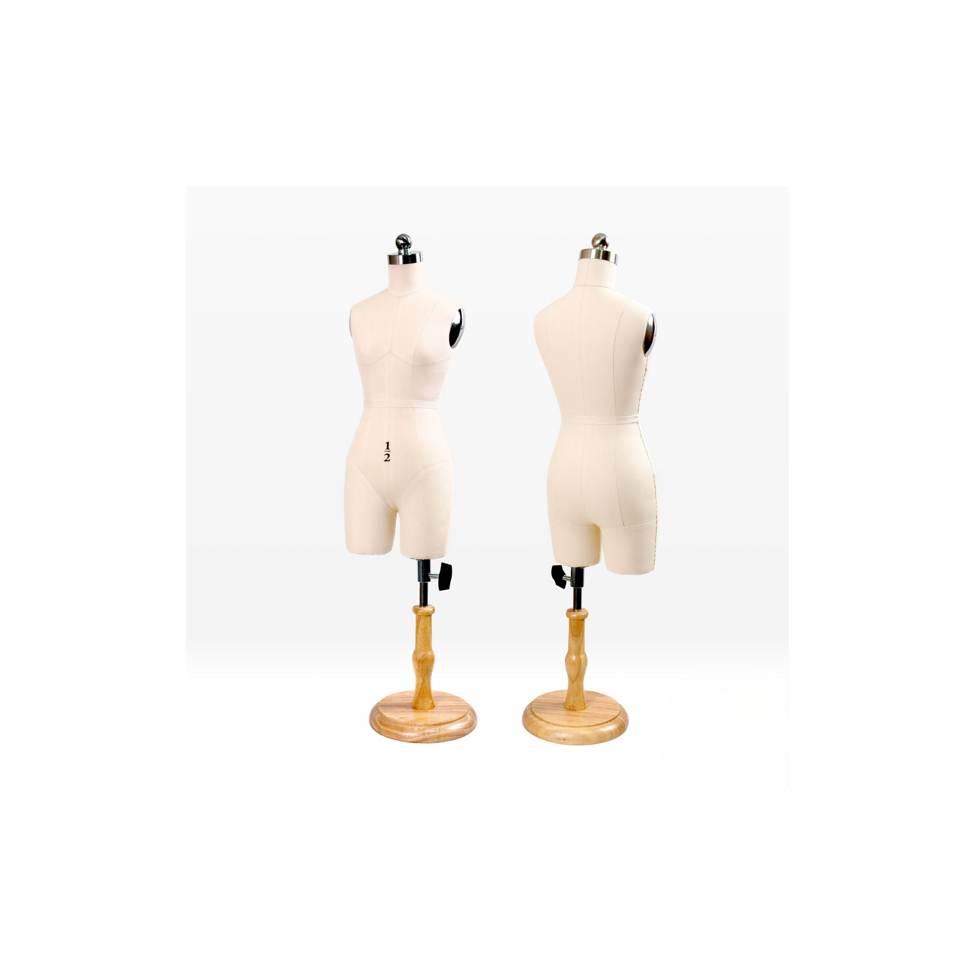 Sizing scale comparison of two miniature female pants mannequins showcasing height adjustments.