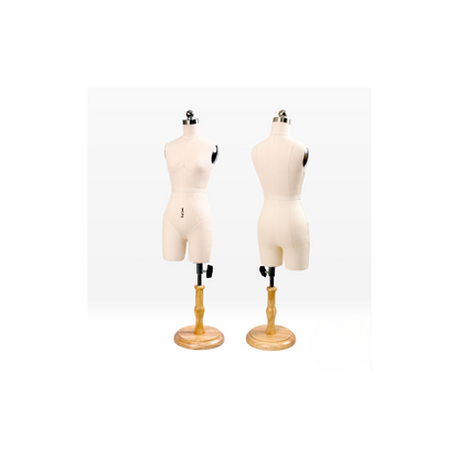 Sizing scale comparison of two miniature female pants mannequins showcasing height adjustments.