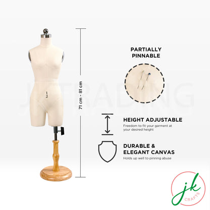 Height-adjustable features and body dimensions diagram for the mini female trouser draping form.