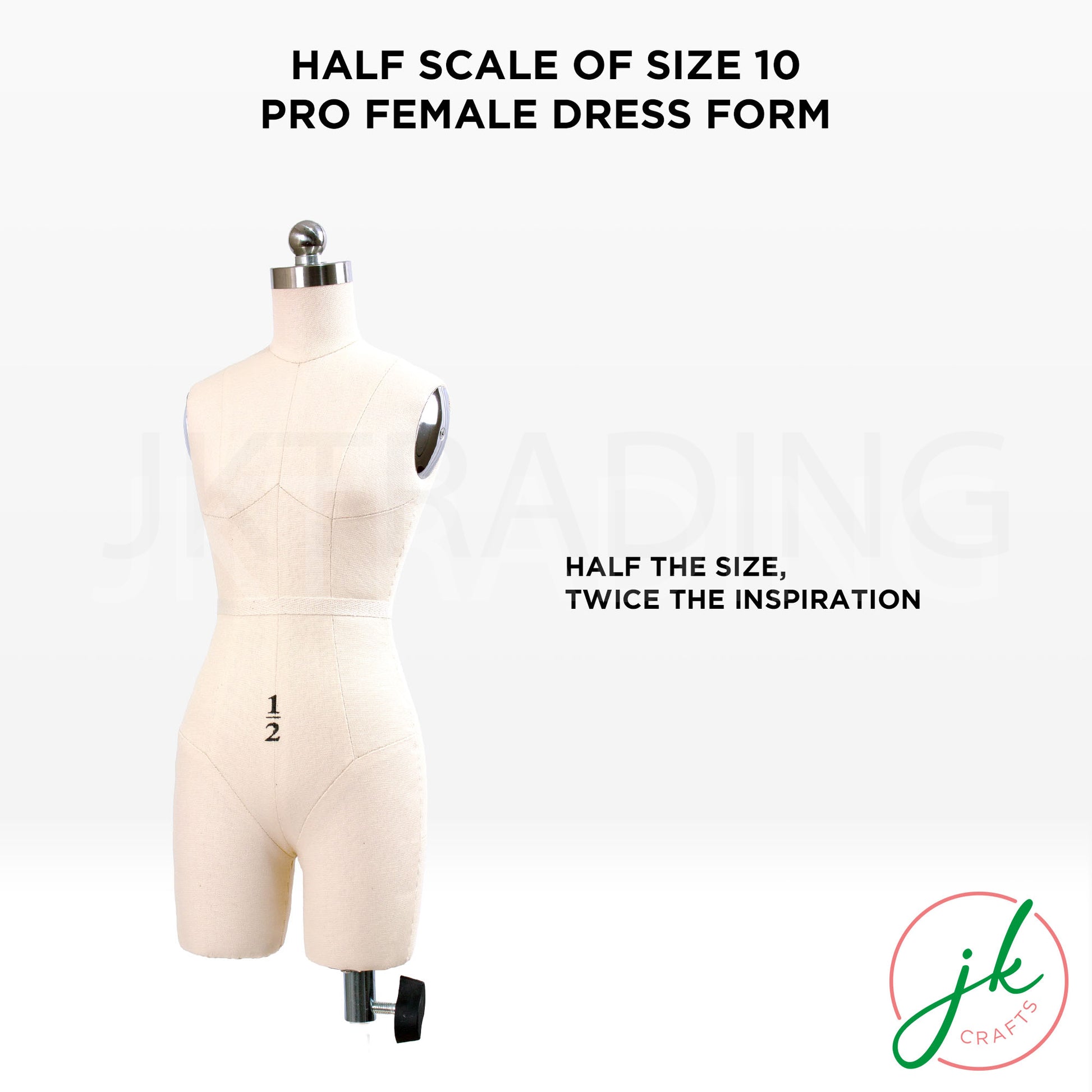 Front straight view of the premium linen-covered 1/2 scale female dress form for pants pattern making.