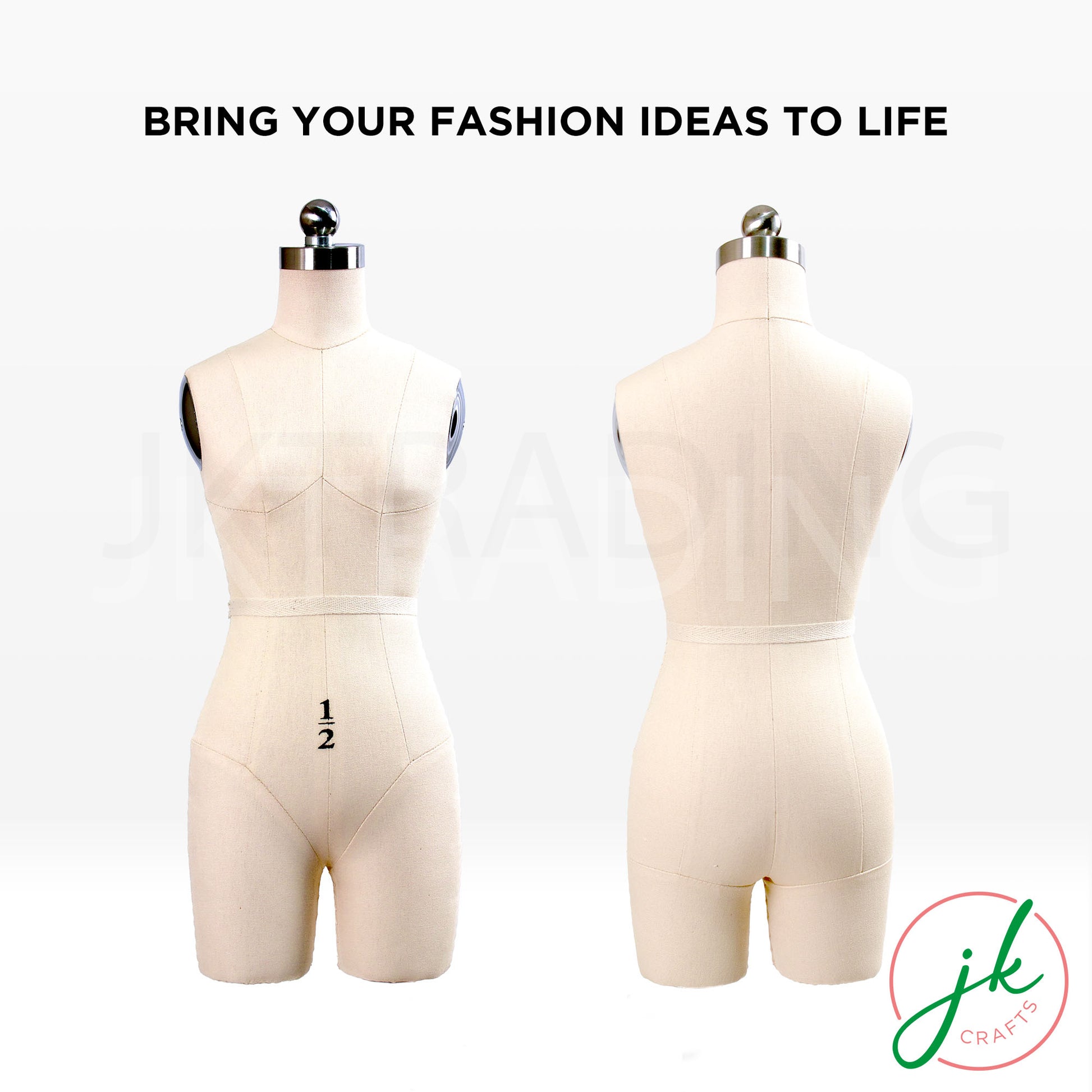 Front and back profile view of the professional linen-covered half scale female trousers tailors dummy.