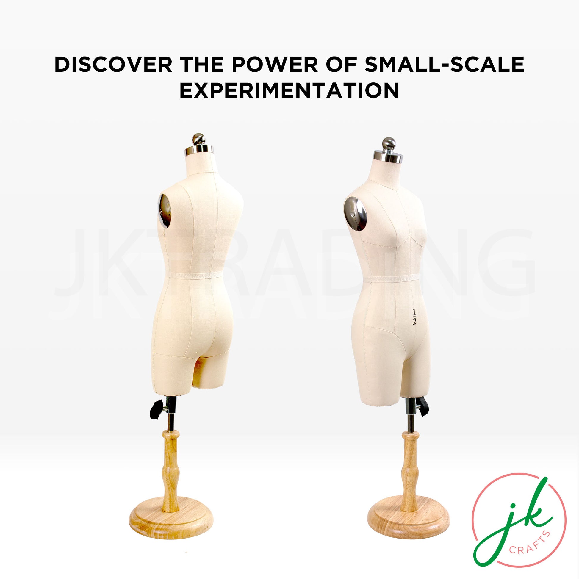 Two mannequins on stands with text 'Discover the power of small-scale experimentation' and a logo in the corner.