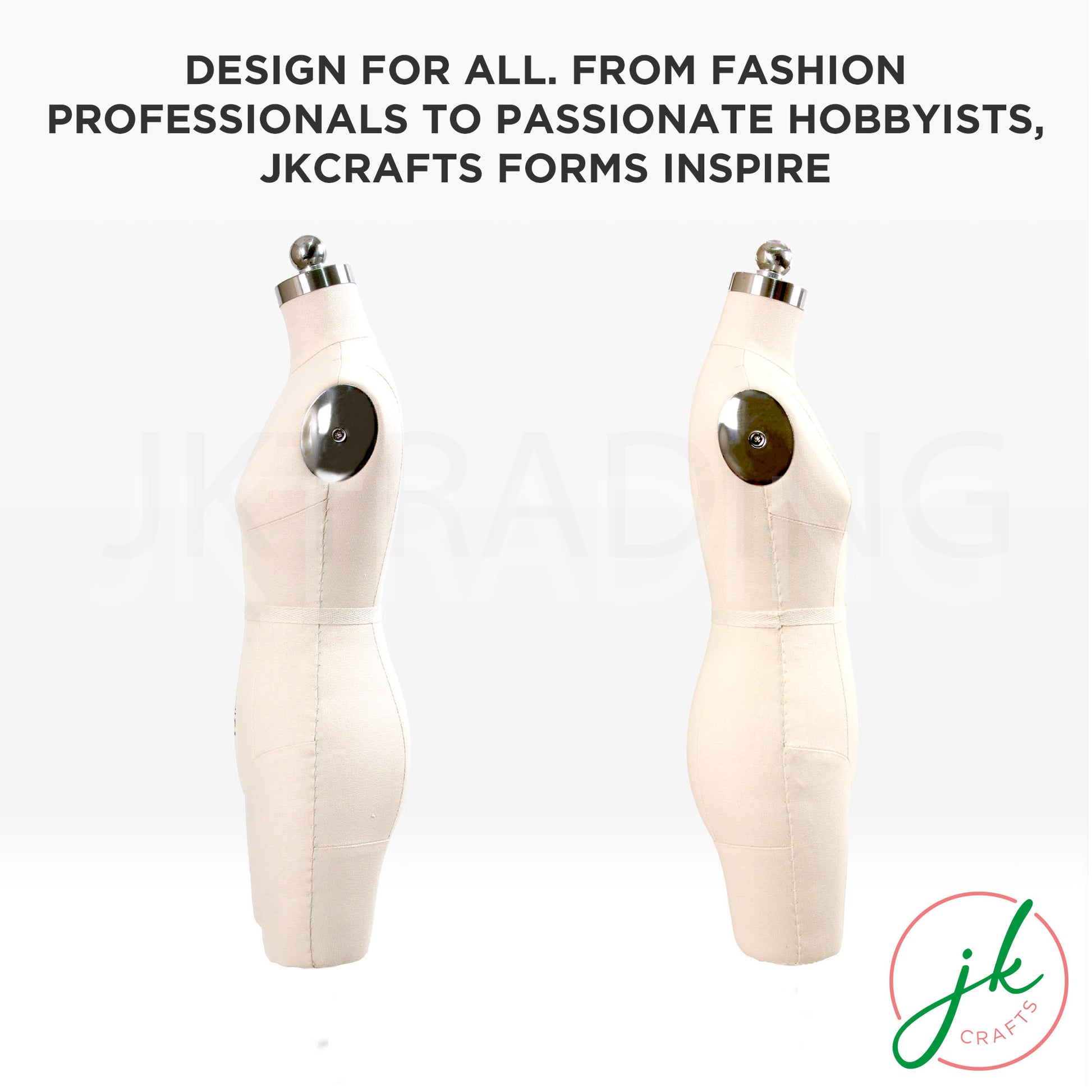 Two mannequin forms on a white background with text about JKCRAFTS.