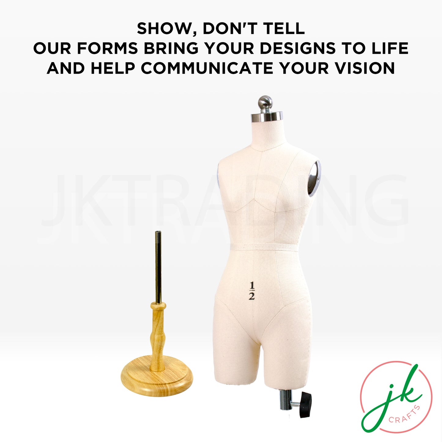 Mannequin with a stand on a white background with text about design communication.