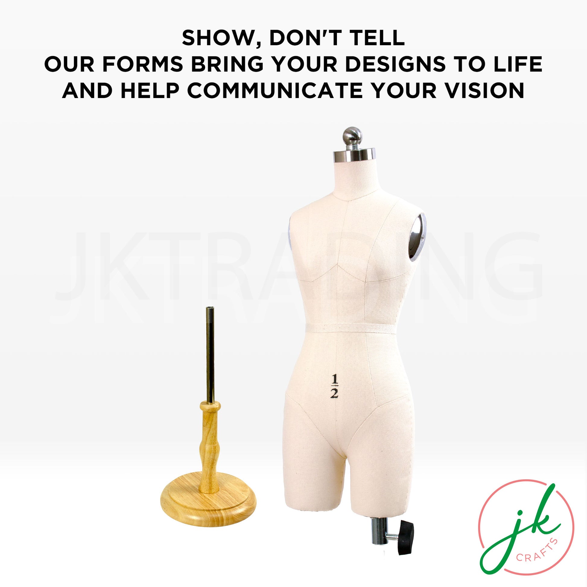 Mannequin with a stand on a white background with text about design communication.