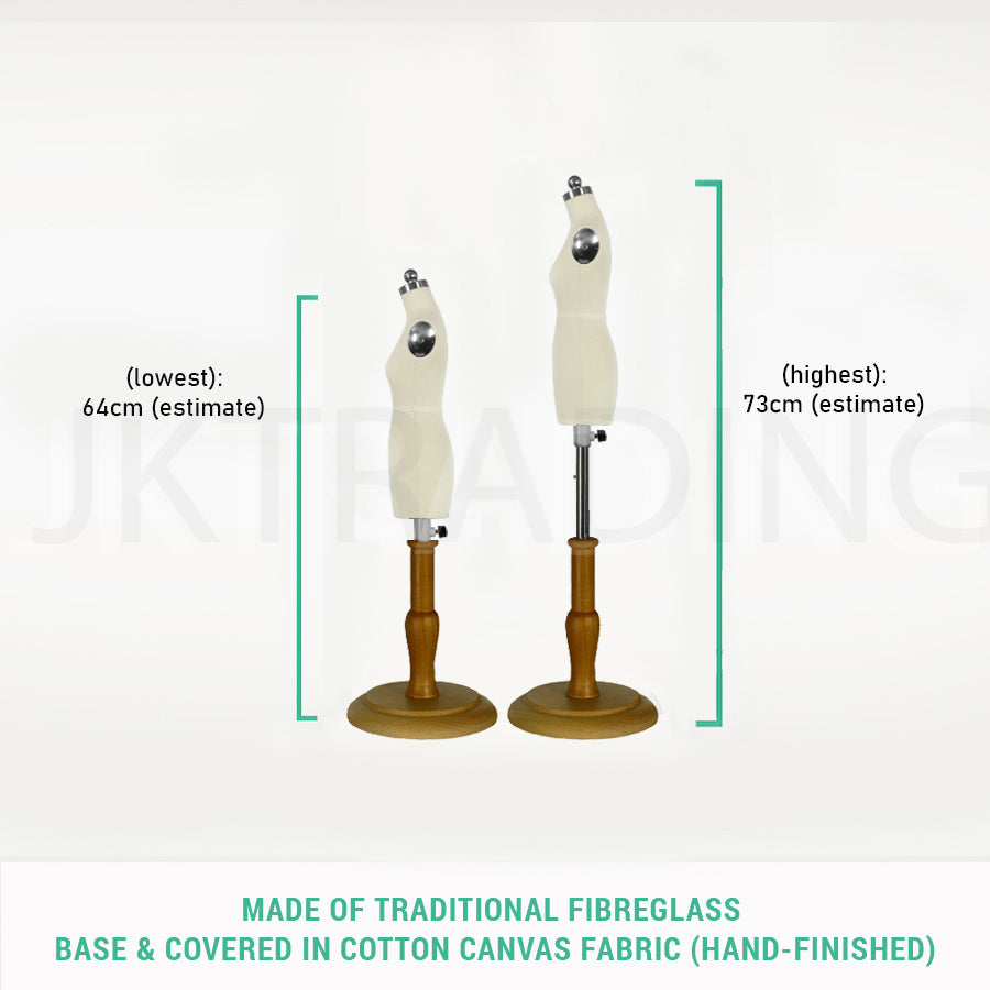 Height comparison chart displaying the scale differences of half scale female half body dress form
