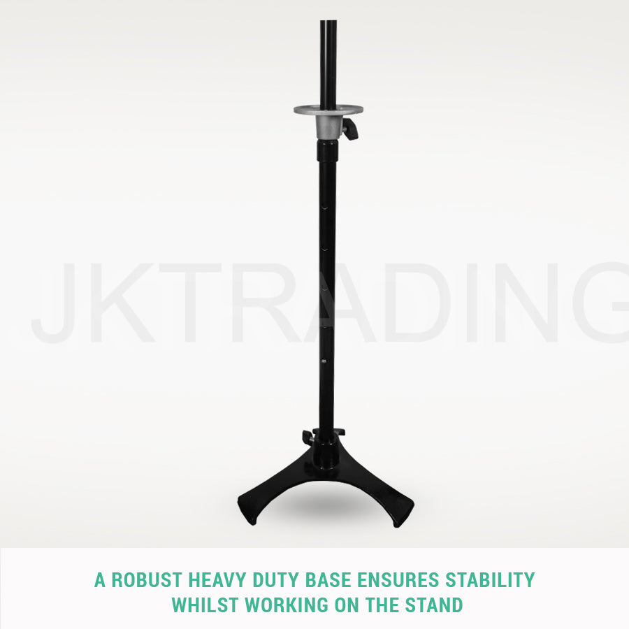 Heavy-duty black steel height-adjustable table stand base component for the half scale fashion mannequin.