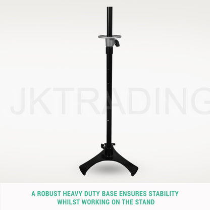Heavy-duty black steel height-adjustable table stand base component for the half scale fashion mannequin.