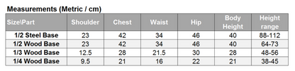 Measurement chart for furniture bases with sizes, parts, and corresponding dimensions in metric units.