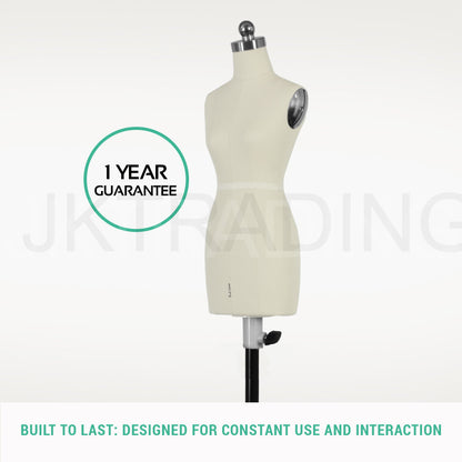 White dress form on a stand with 'JK Trading' branding and a 1-year guarantee badge.