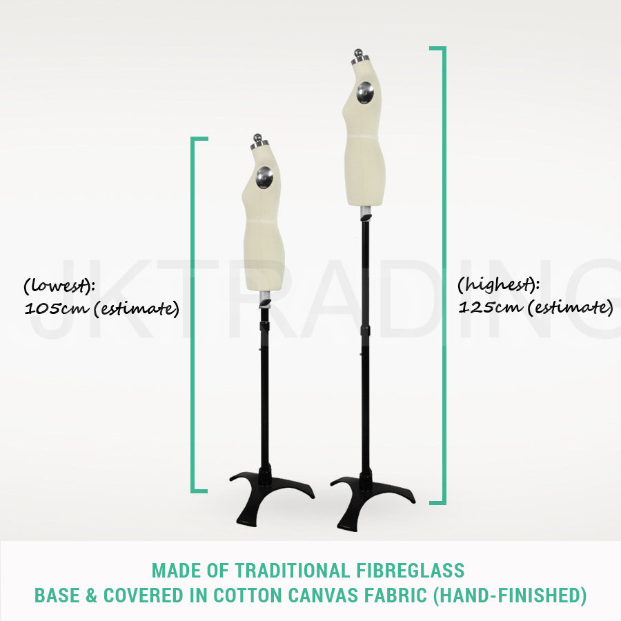 Two mannequin stands with dimensions indicated on a white background