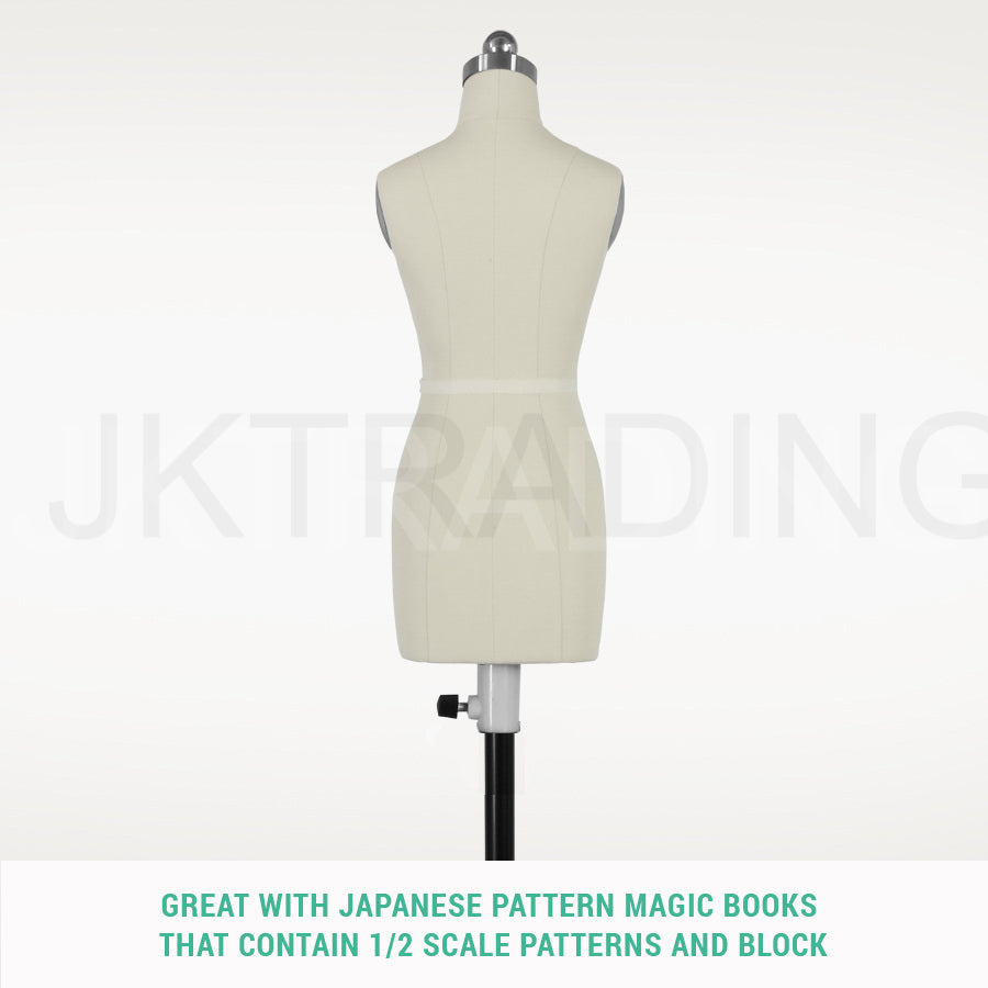 Front view close-up emphasizing the precise pinnable fabric cover of the miniature female fashion mannequin.