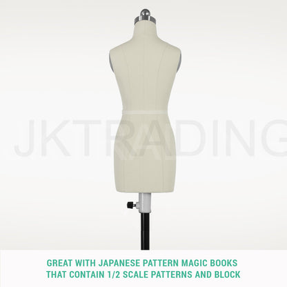 Front view close-up emphasizing the precise pinnable fabric cover of the miniature female fashion mannequin.