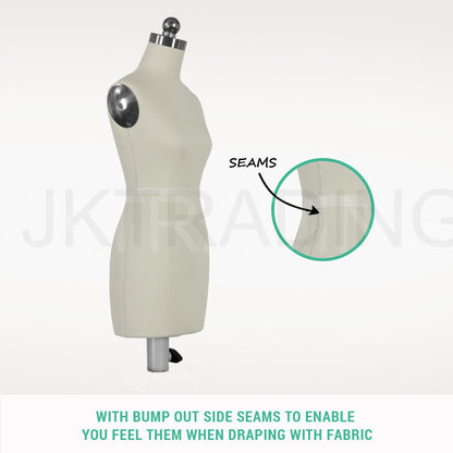 Close-up highlighting the easy-to-feel bump-out side seams on the mini female pattern draping form.