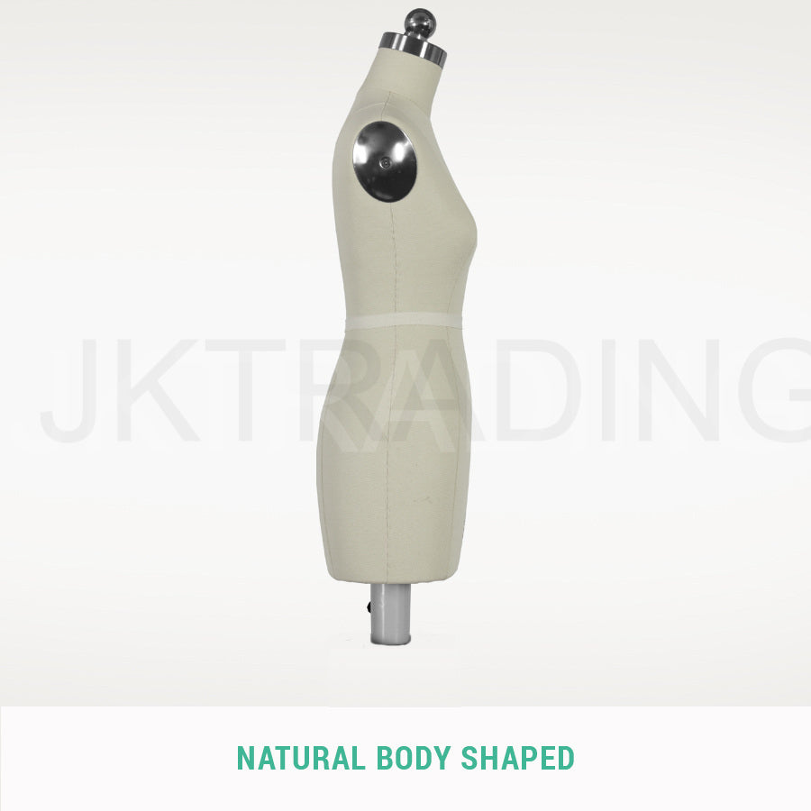 Full side profile view showcasing the natural realistic body contours of the miniature female apparel prototype form.