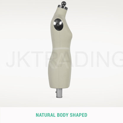 Full side profile view showcasing the natural realistic body contours of the miniature female apparel prototype form.