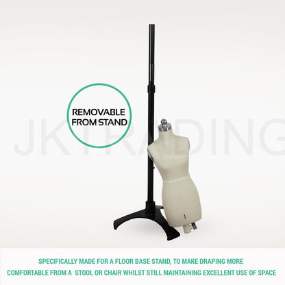 Mannequin on a black stand with text indicating it can be removed, branded 'JK Trading'.