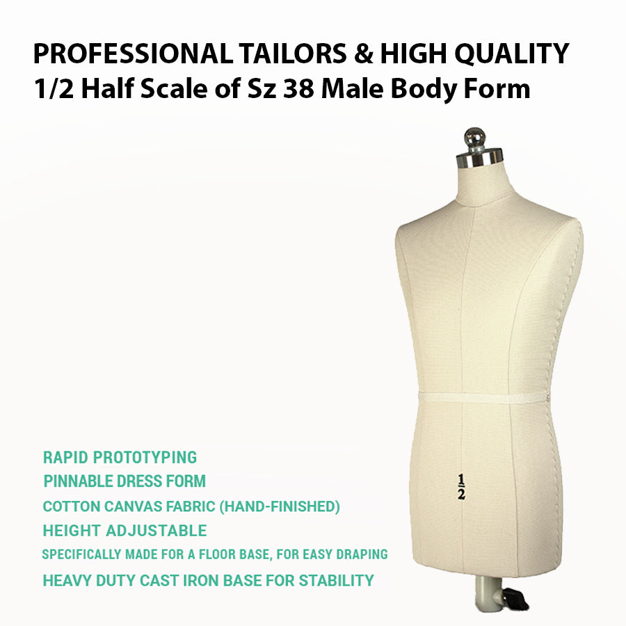 Professional 1/2 half scale mini male dress form body on a stable black steel base.