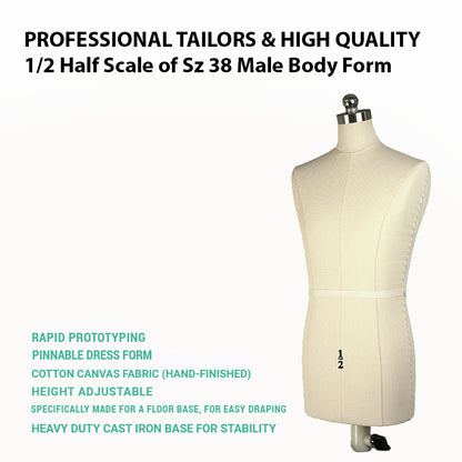 Professional 1/2 half scale mini male dress form body on a stable black steel base.