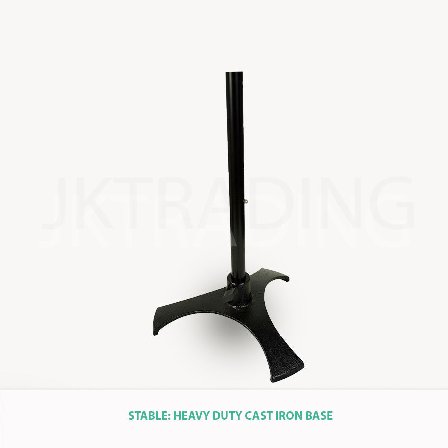 Black metal stand with a heavy-duty cast iron base on a white background