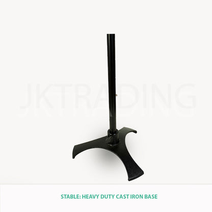 Black metal stand with a heavy-duty cast iron base on a white background