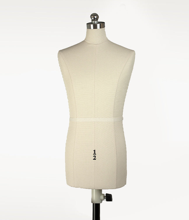 Front straight profile view of the premium linen-covered miniature male sewing mannequin torso.