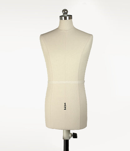 Front straight profile view of the premium linen-covered miniature male sewing mannequin torso.