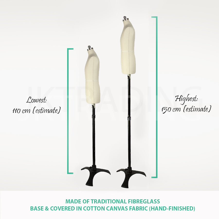 Height comparison chart showing the differences between a traditional full-sized and a half-scale male dress form.