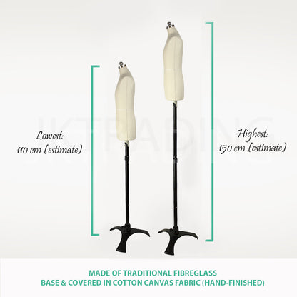 Height comparison chart showing the differences between a traditional full-sized and a half-scale male dress form.