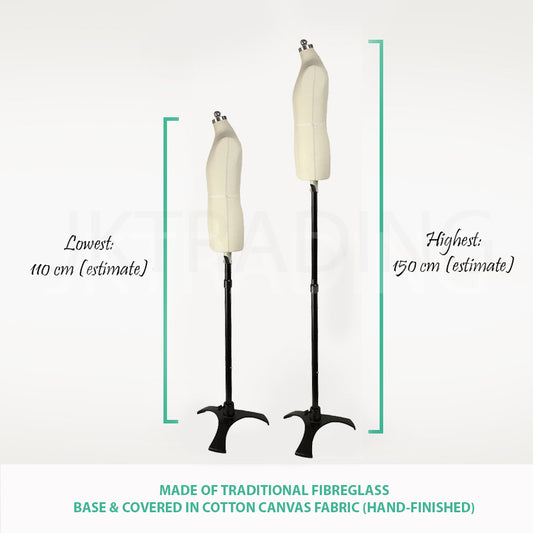 Height comparison chart showing the differences between a traditional full-sized and a half-scale male dress form.