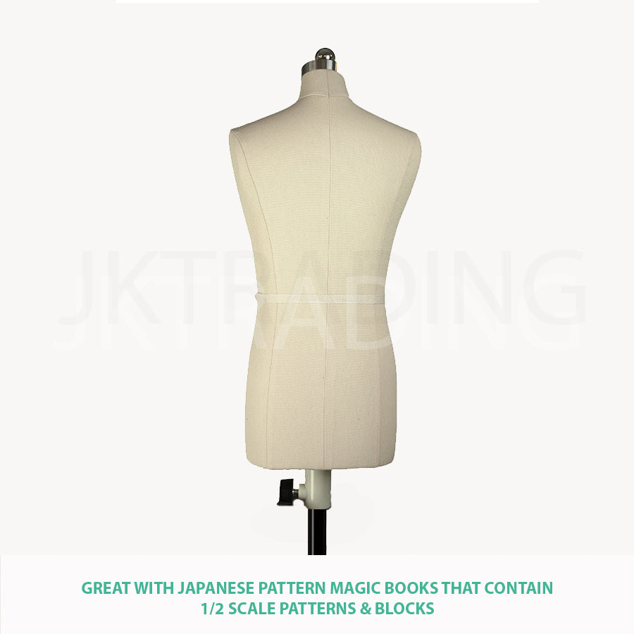 Front close-up view of the structural center guidelines on the half-scale miniature male fashion mannequin.