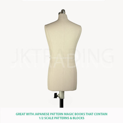 Front close-up view of the structural center guidelines on the half-scale miniature male fashion mannequin.