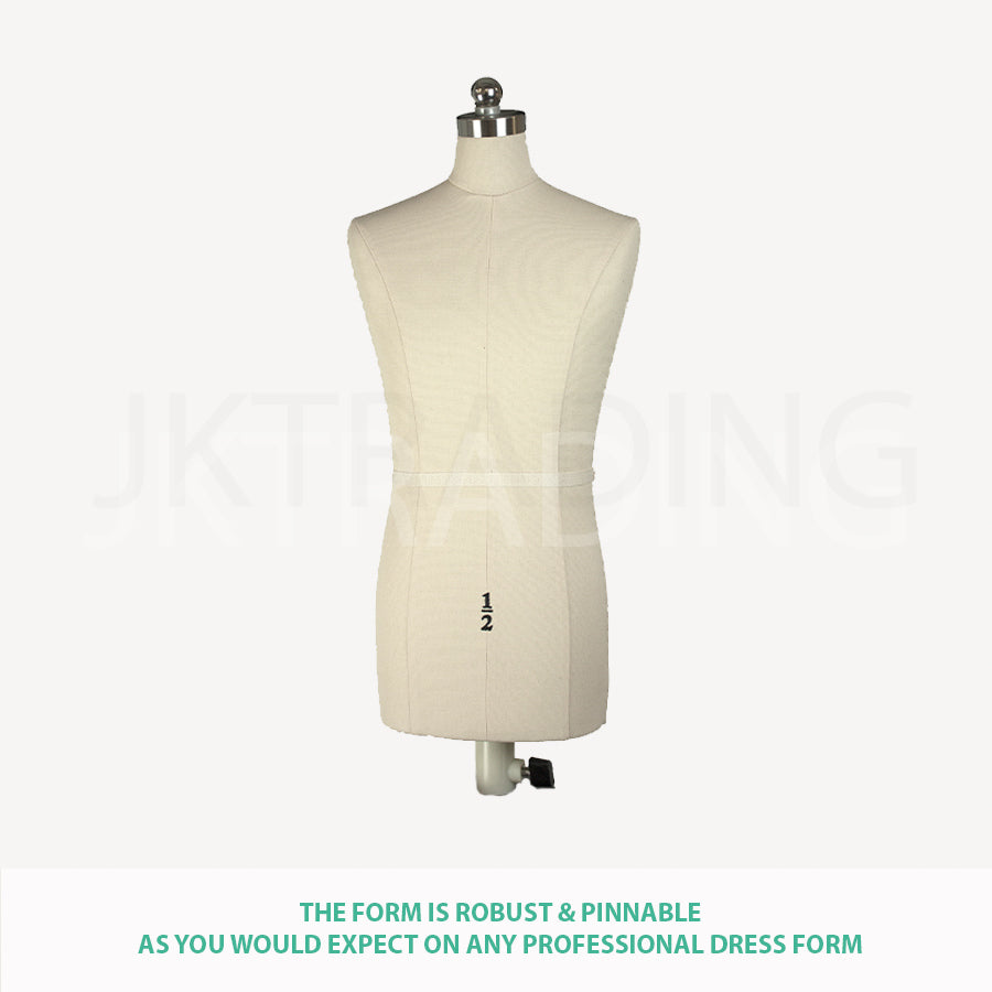 Beige dress form on a white background with text about its robust and pinnable nature.