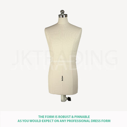 Beige dress form on a white background with text about its robust and pinnable nature.