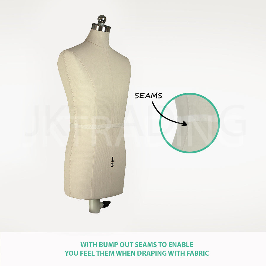 Mannequin torso with highlighted seams and text on a white background