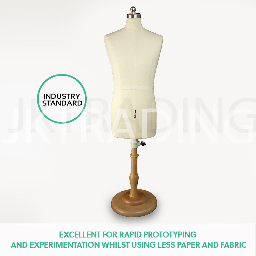Mannequin torso on a wooden stand with 'Industry Standard' label and text about prototyping.