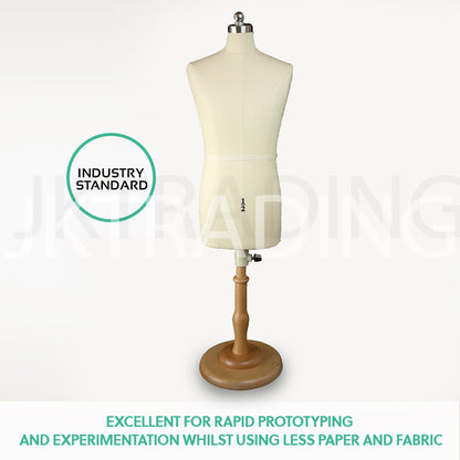 Mannequin torso on a wooden stand with 'Industry Standard' label and text about prototyping.