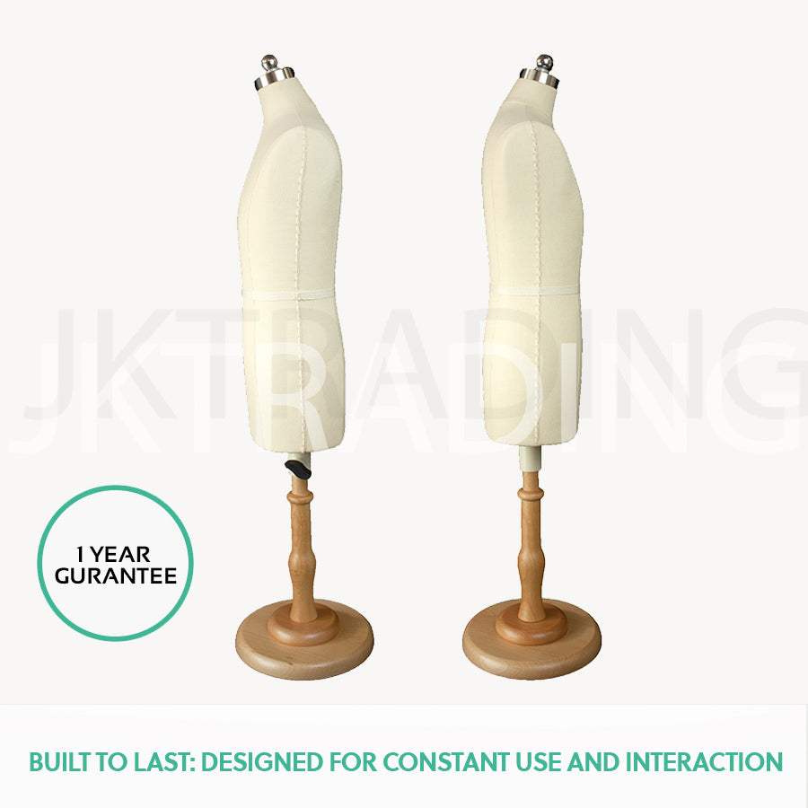 Two white mannequins on wooden stands with a '1 Year Guarantee' badge and text on a white background.